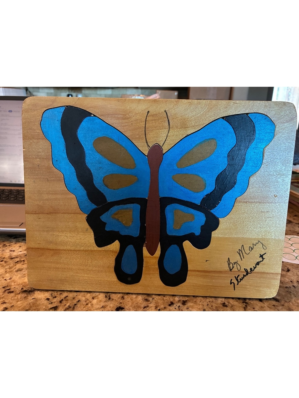 Vintage Hand Painted Signed Wooden Butterfly Puzzle Intarsia Wood Art